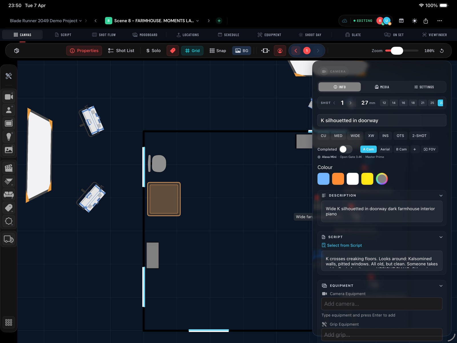 Shotpad floor plan view with shot properties panel showing camera, description, and equipment details