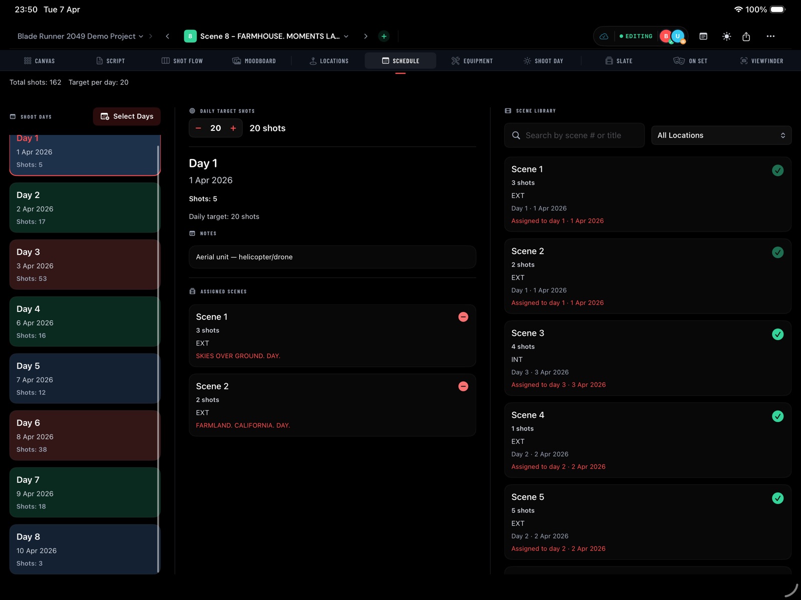 Schedule with shoot days and scene assignments