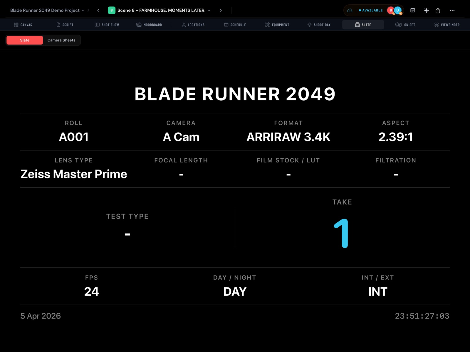 Digital slate showing camera, format, lens, and take number