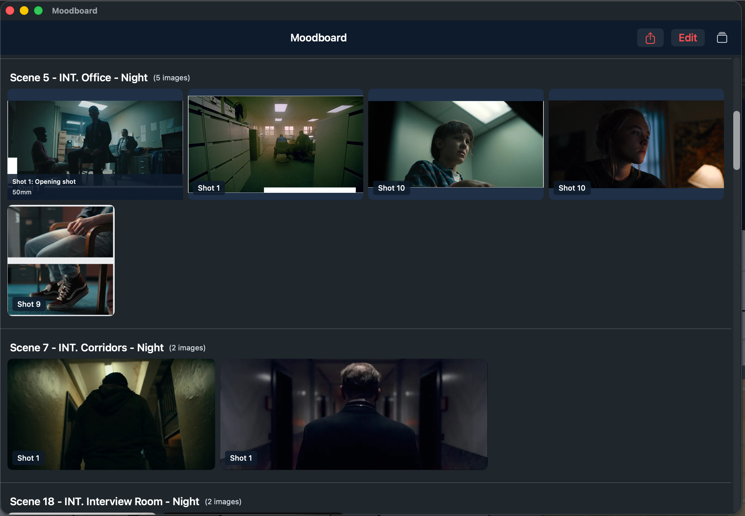 Moodboard view with reference images grouped by scene